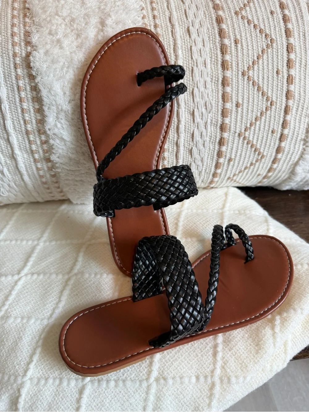 Braided Black Faux Leather Slide Sandals for Women - Casual Summer Shoes